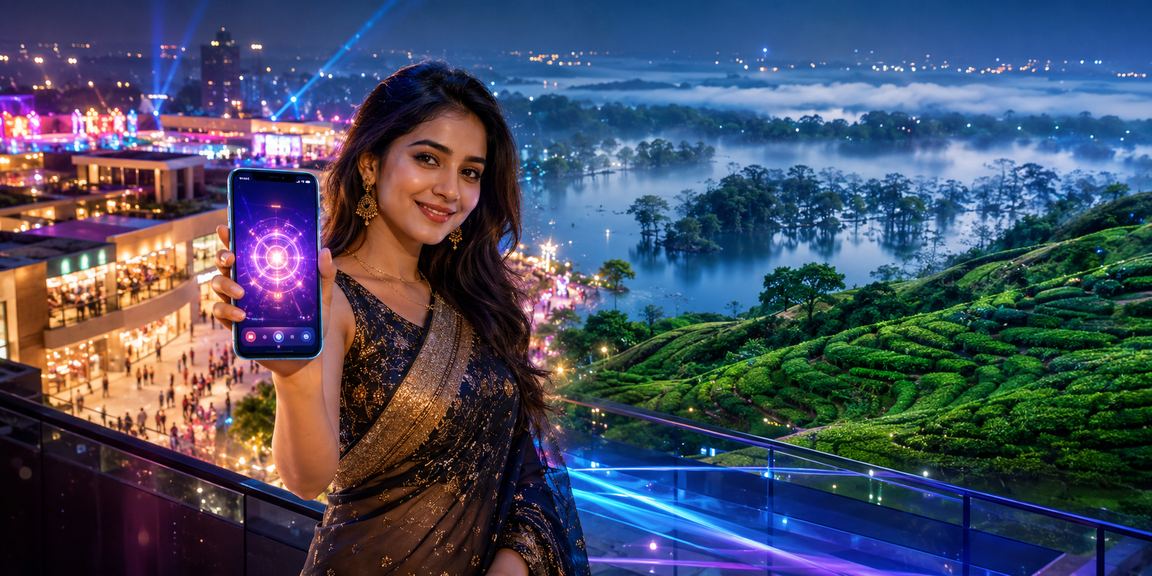 সিলেটের চা বাগানে স্মার্টফোনে ক্যাসিনো অ্যাপ ব্যবহারের দৃশ্য